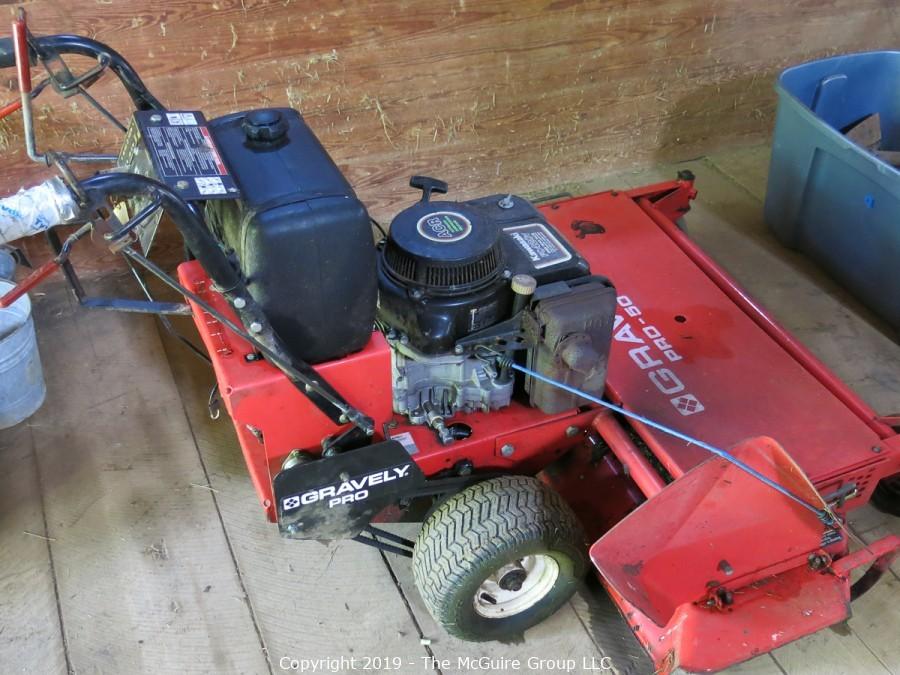 The Mcguire Group Llc Auction Farm Equipment Auction Total Liquidation Item 48 Walk Behind Gravely Pro 50 Mower Model 9077 Serial 668 With Kawasaki Fc4v Electronic Ignition Start Engine Tecumseh Model H700 032 D O M 52 0015